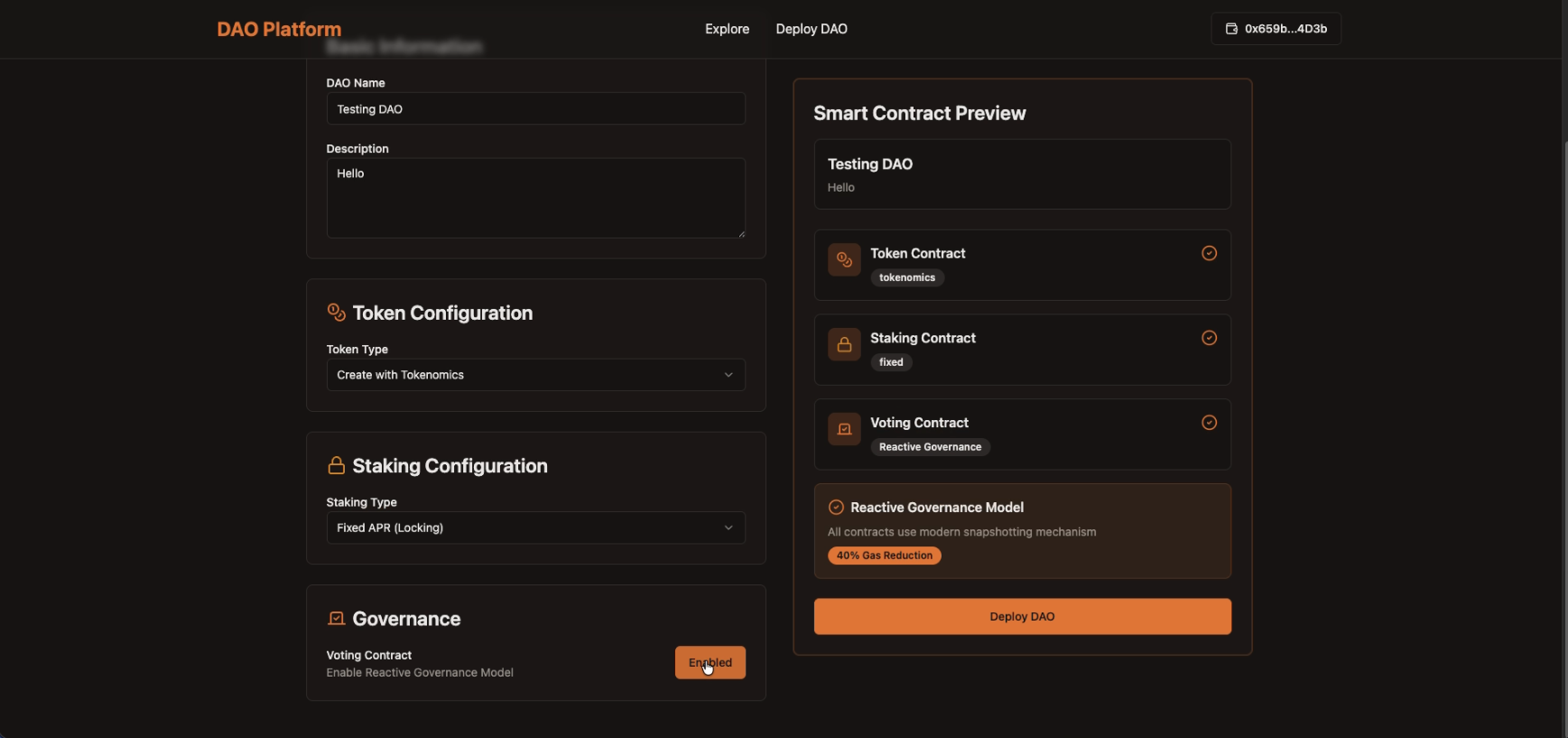 Token staking and voting contract deployment interface